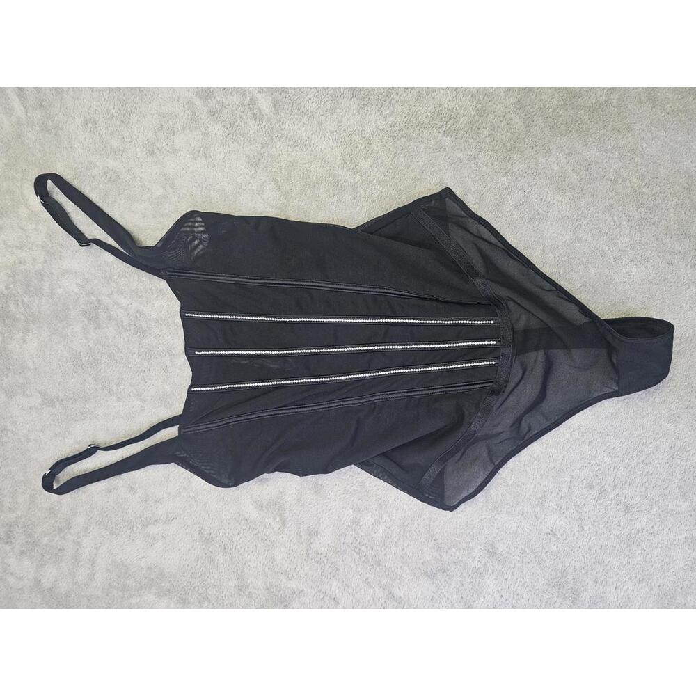 Brand New Auden Black Sheer Mesh Thong Bodysuit-Rhinestone Corset Size Medium